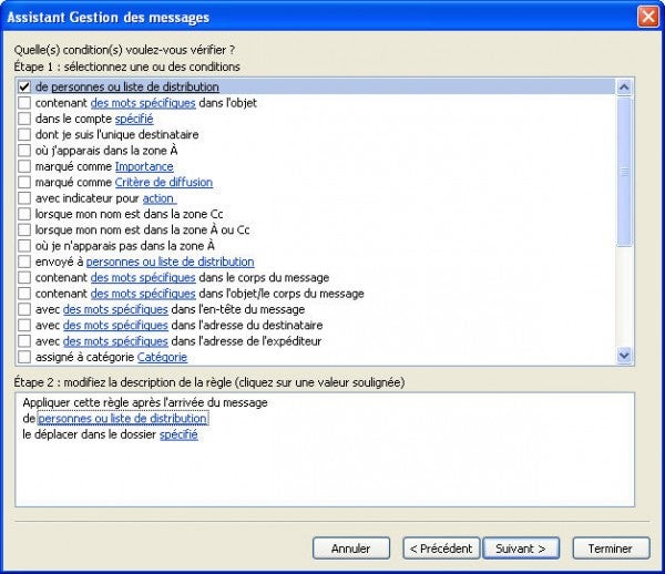 Création d'une règle dans Outlook